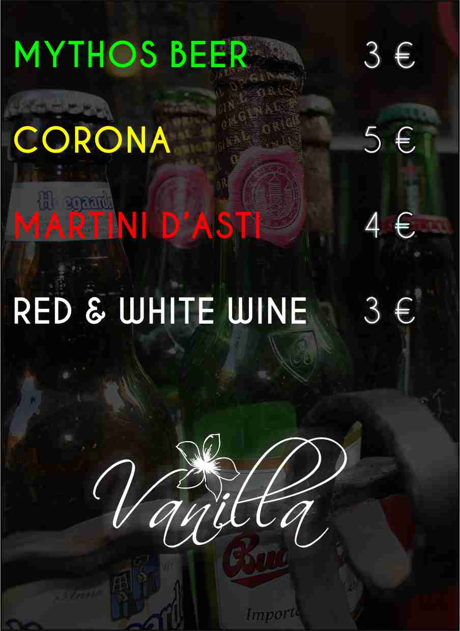 Vanilla Coffe & Lounge Bar - menu -BEERS AND WINES